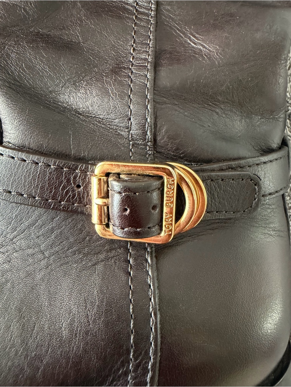 Tory Burch Black Leather Tall Buckle Boots with Gold Logo - Picture 2 of 8